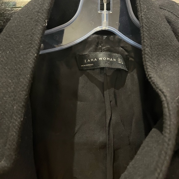 Zara Black 75% Wool Winter Jacket coat Hood with black fur metal Buckel pocket S - Picture 3 of 6